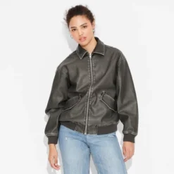 Women's Faux Leather Bomber Jacket - Wild Fable™ Black