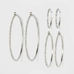 Trio Imitation Rhodium With Glass Crystal Rhinestone Hoop Stud Earring Set 3pc - Wild Fable™ White Crystal: Sparkly Hoops, Nickel-Free Metal -Selfie Leslie GUEST 36ddbf23 6bf7 4009 982e d35af2c2150c