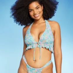 Women's Ruffle Tie-Front Halter Bikini Top - Wild Fable™ Green Floral Print -Selfie Leslie GUEST 659aaea4 52e0 44c9 8073 8bfd4c6d9e7f