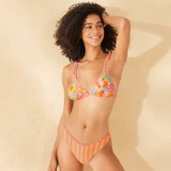 Women's Reversible Contrast Binding Mid-Rise High Leg Cheeky Bikini Bottom - Wild Fable™ Green Floral Print/Pink Striped -Selfie Leslie GUEST 7111dfcc 7047 4b4e 9f68 5ad999d73fa7