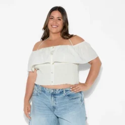 Women's Smocked Ruffle Sleeve Open-Neck Halter Top - Wild Fable™ Off-White