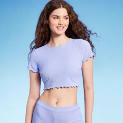 Women's Ruffle Detail Ribbed Short Sleeve Cropped Rashguard - Wild Fable™ Purple -Selfie Leslie GUEST ae778006 d718 4b51 af3b 2a50e3c3e5f4