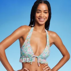 Women's Ruffle Tie-Front Halter Bikini Top - Wild Fable™ Green Floral Print -Selfie Leslie GUEST cc98590e eb67 4de3 8299 5fd921719a3b