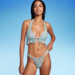 Women's Wide Strap Adjustable High Leg Bikini Bottom - Wild Fable™ Green Floral Print -Selfie Leslie GUEST d5f7a8c8 4529 46b4 9e7c a200389c4d75